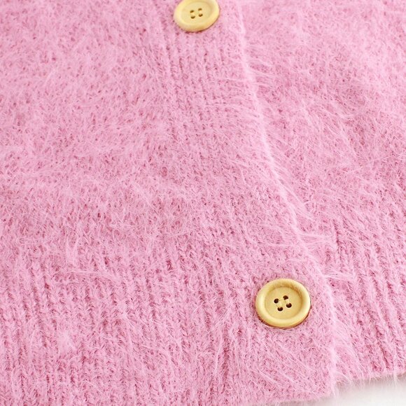 Casual Pink Women's Elegant Long Sleeve V Neck Cardigan with Wooden Button - Picture 7 of 7